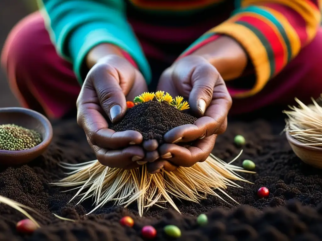 Manos indígenas siembran semillas andinas en la tierra oscura, resaltando rituales de cosecha tradicionales