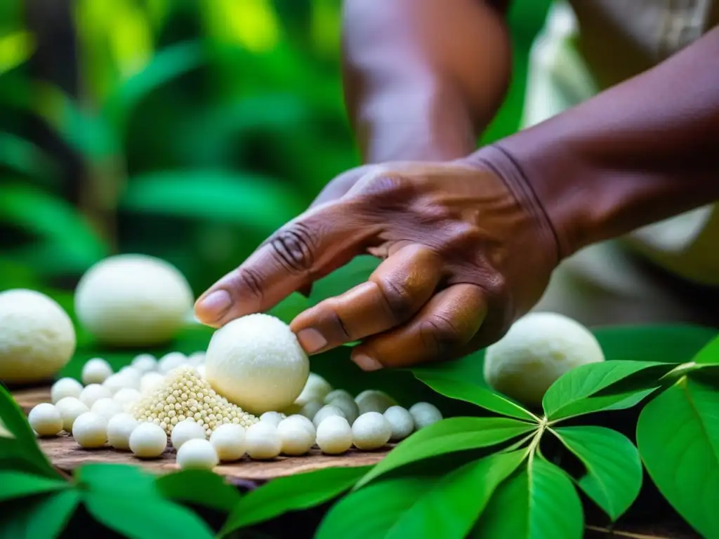 Manos indígenas moldeando tapiocas en la Amazonía precolombina, entre exuberante vegetación