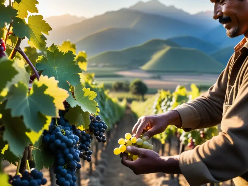 Manos indígenas cosechando uvas con impacto de colonización en viticultura sudamericana