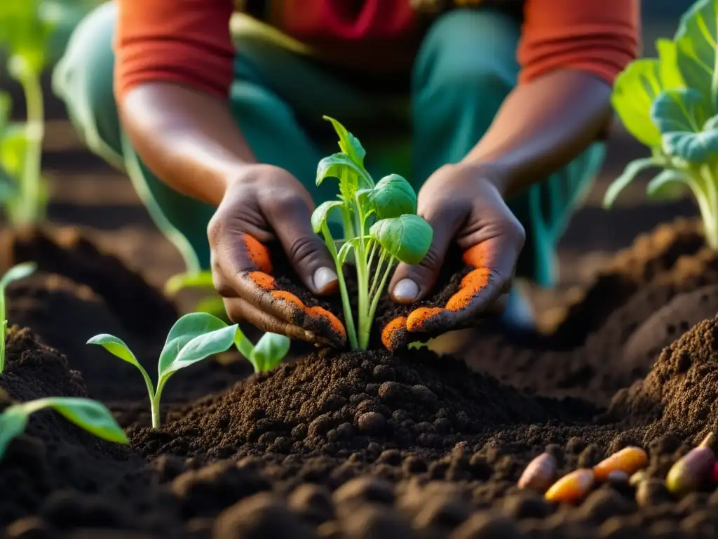 Manos indígenas plantando vegetales en la tierra fértil, destacando la conexión con la naturaleza