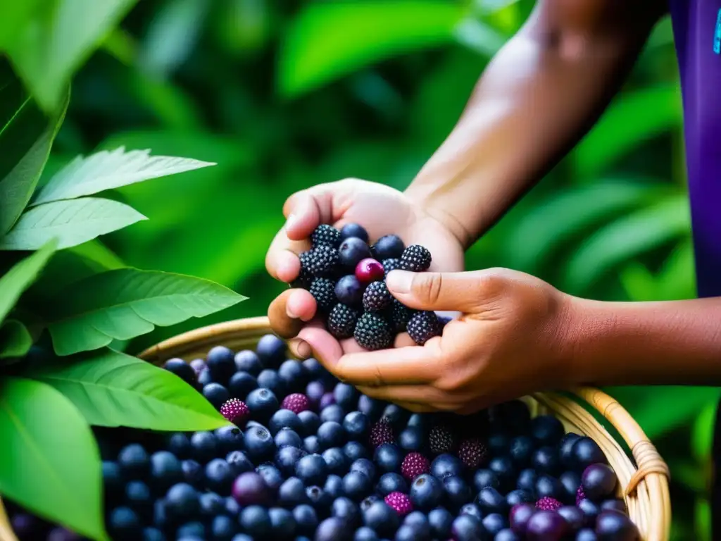 Manos indígenas cosechan una vibrante baya de açaí en la selva amazónica, mostrando la historia del superalimento y las culturas ancestrales