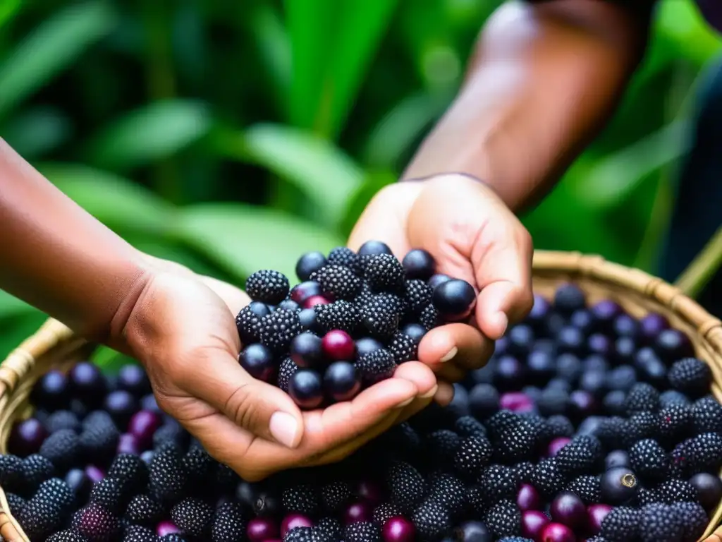 Manos indígenas cosechan la vibrante baya de açaí púrpura en la exuberante selva amazónica, mostrando la historia y cultura del superalimento