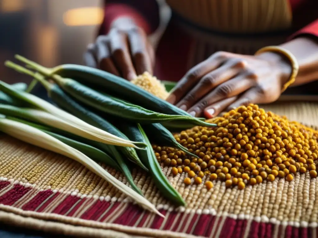 Manos arreglando ingredientes de la Dieta Saheliana recetas históricas en detalle vibrante