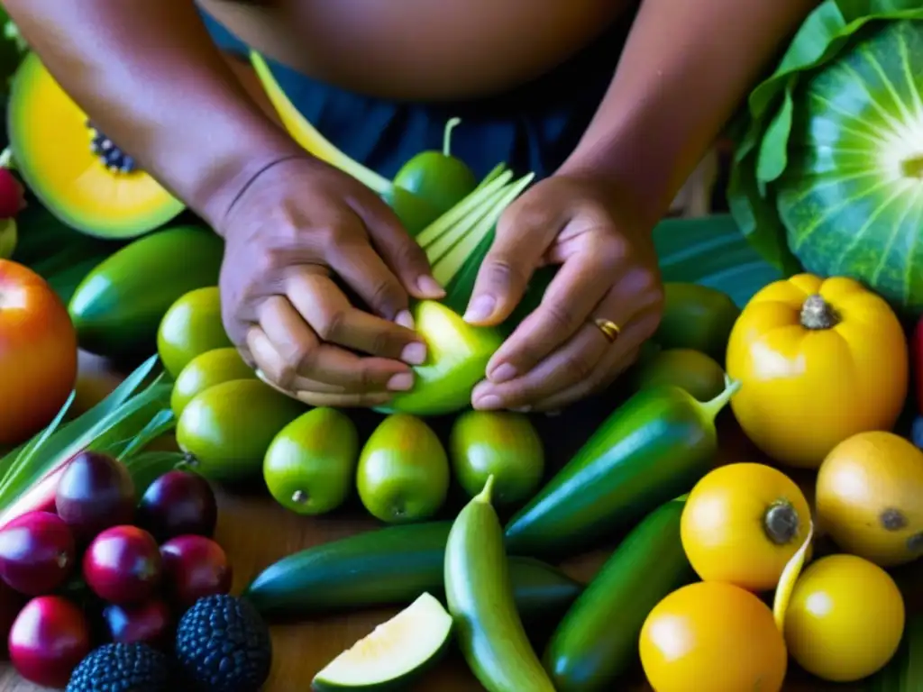 Manos de isleño del Pacífico preparando dieta precolonial con frutas y verduras vibrantes