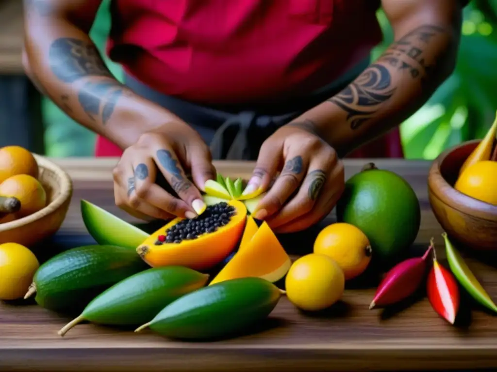 Manos de isleño del Pacífico preparando frutas, especias y mariscos, fusionando tradición y modernidad