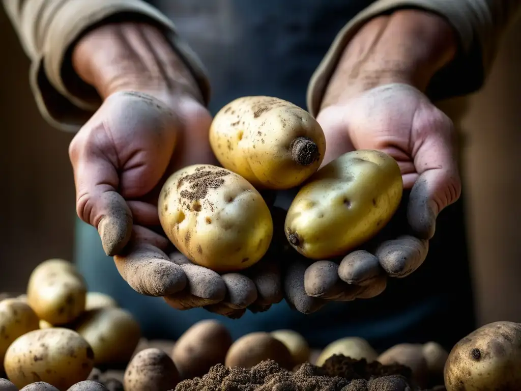 Manos de labrador sostienen patatas recién cosechadas, resaltando la importancia histórica de las patatas en Europa