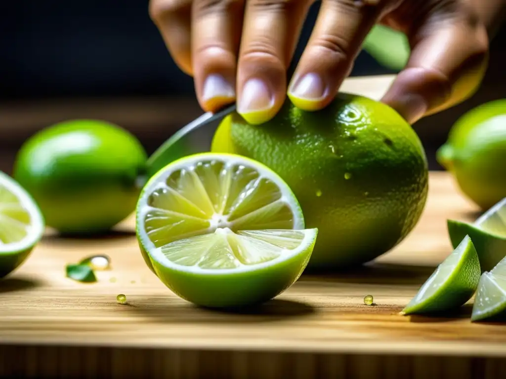 Manos cortando limones frescos con cuchillo asiático sobre tabla de madera, reflejando la historia secreta del Pisco Sour asiático