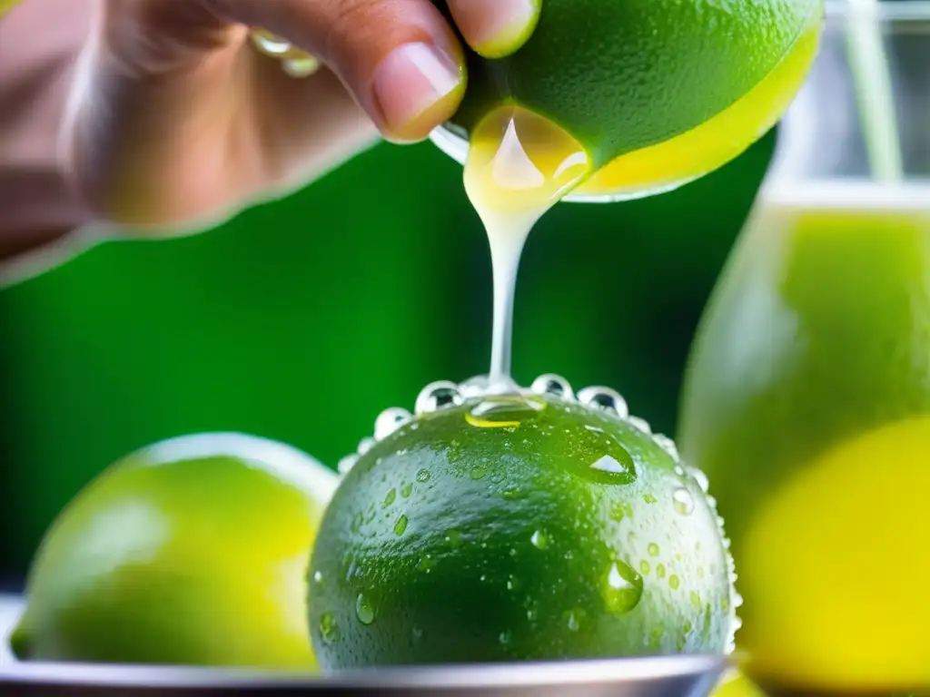 Unas manos exprimen limones verdes frescos en una jarra, capturando la esencia de la fruta cítrica para un Pisco Sour