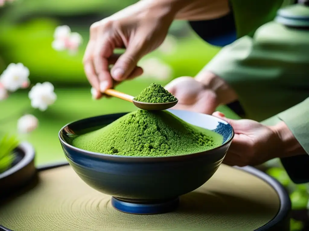 Las manos del maestro de té japonés preparan matcha en un jardín tranquilo con cerezos en flor y un arroyo