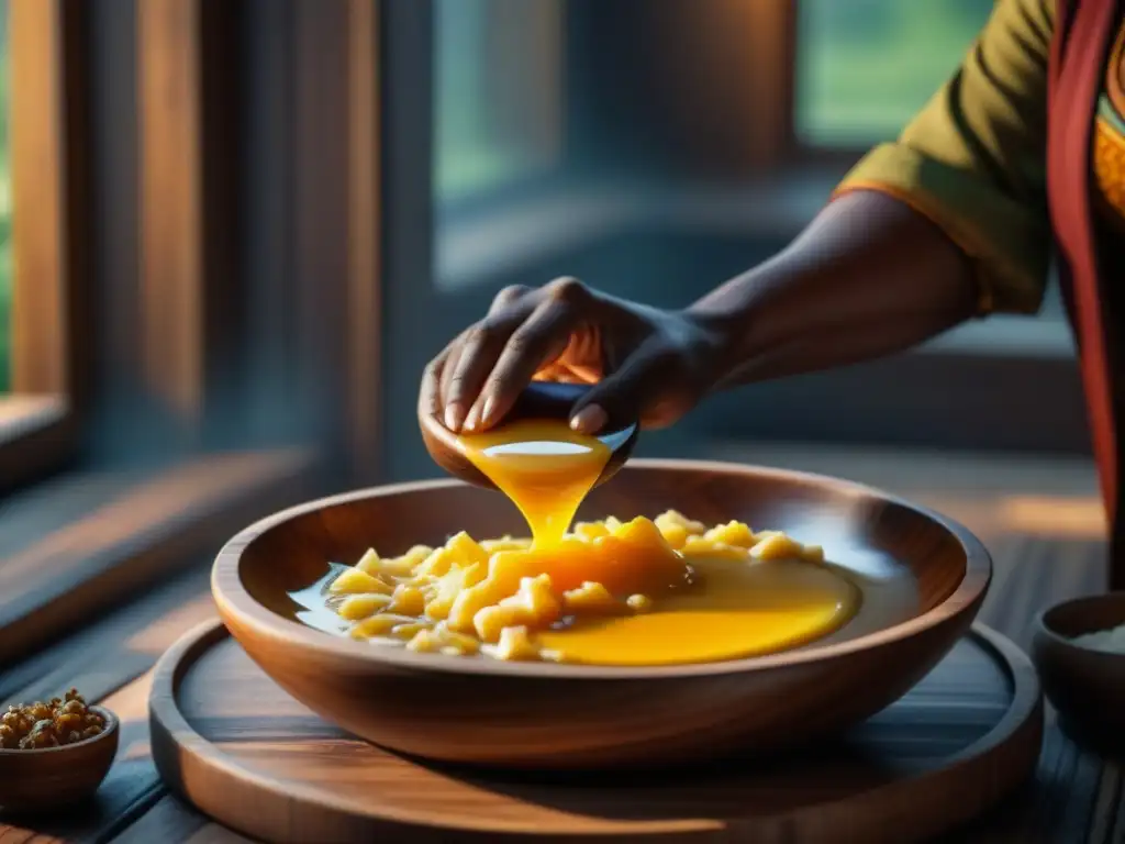 Unas manos mezclan manteca de karité y miel en un tazón de madera, resaltando beneficios y tradiciones africanas