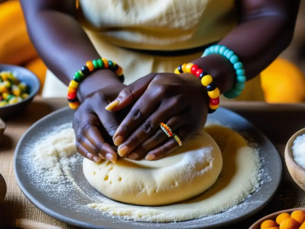 Elaboración de fufu africano: tradición y coloridos ingredientes Manos moldeando masa de fufu africano, reflejando la influencia africana en cocina americana con ingredientes vibrantes