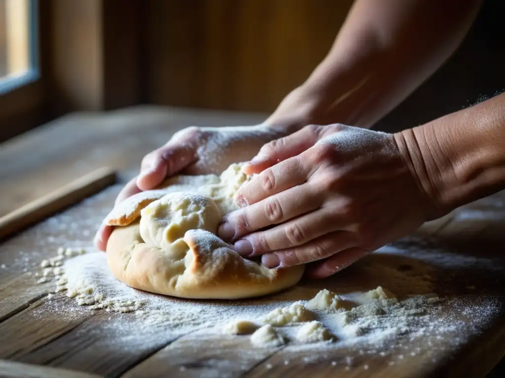 Manos amasando masa sobre mesa rústica con ingredientes orgánicos, evocando recetas históricas orgánicas cultural