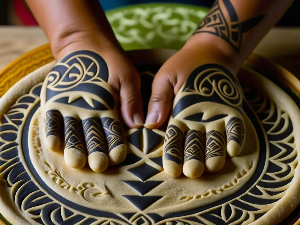 Arte culinario y espiritual en las manos: tradición del Pacífico Manos moldeando masa en patrones tradicionales del Pacífico, con tatuajes culturales
