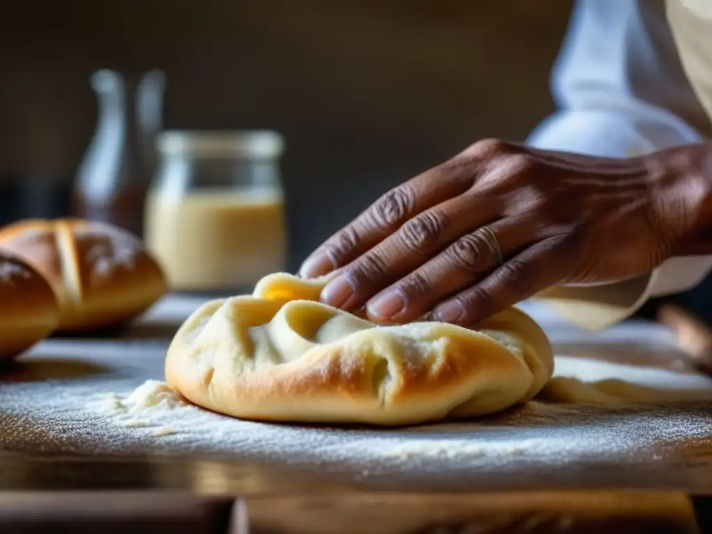 Manos amasando meticulosamente masa para vetkoek sudafricano, texturas y patrones detallados, importancia cultural cocina Apartheid