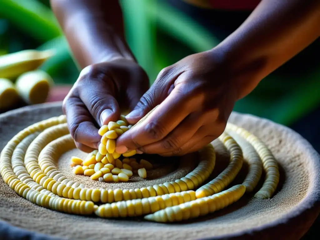 Manos mayas expertas moliendo maíz en metate, resaltando el uso culinario del maíz maya