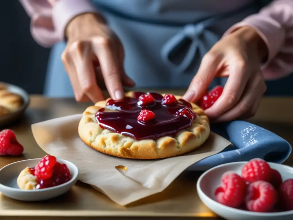 Unas manos extendiendo mermelada de frambuesa casera sobre una galleta recién horneada, evocando la cocina americana del siglo XIX