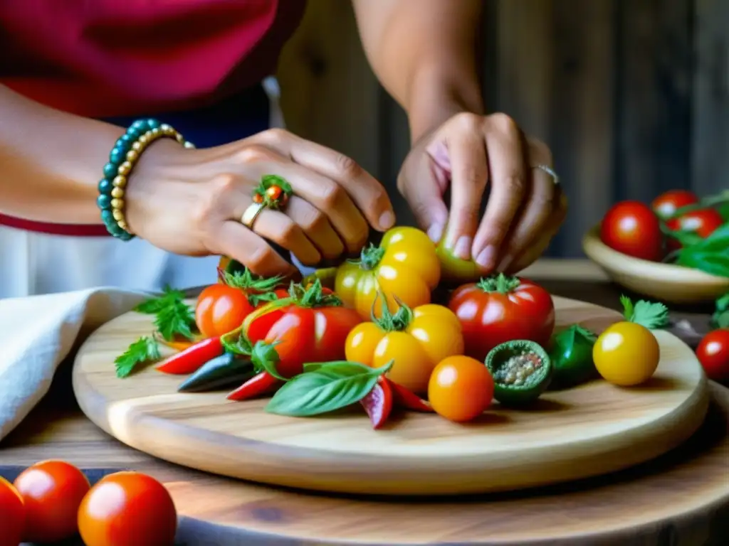 Manos mestizas preparando recetas tradicionales, con ingredientes coloridos y cultura auténtica