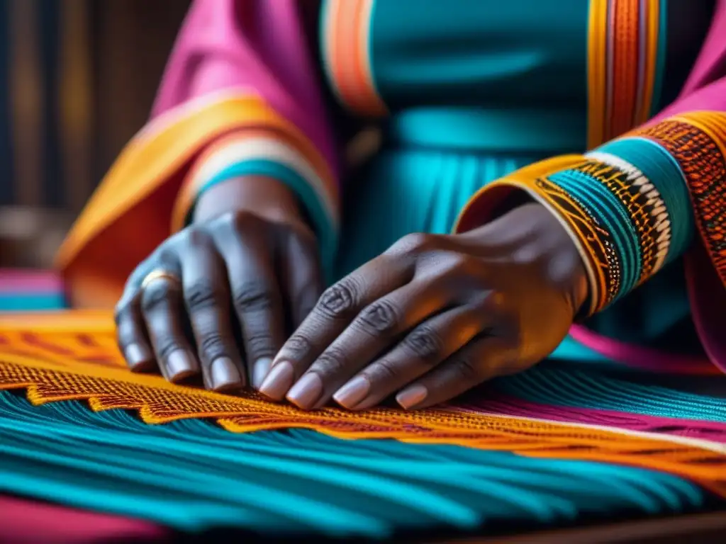 Manos de mujer africana tejiendo con creatividad y destreza en tela vibrante, evocando la resistencia colonial a través de su arte textil