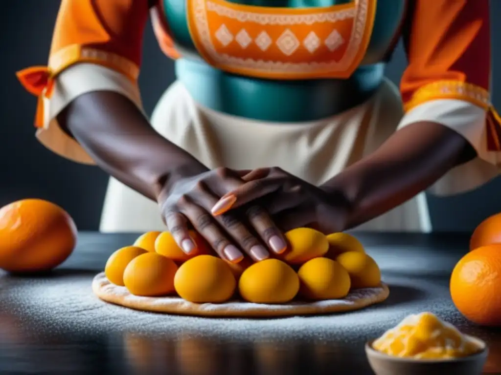 Manos de mujer africana amasando masa colorida, símbolo de resistencia colonial en la cocina africana