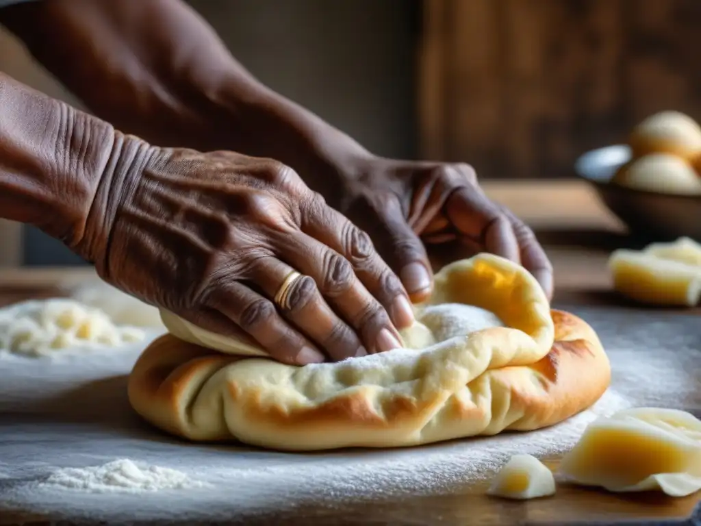 Manos de mujer anciana amasando vetkoek, símbolo de resistencia y tradición culinaria en la era del apartheid