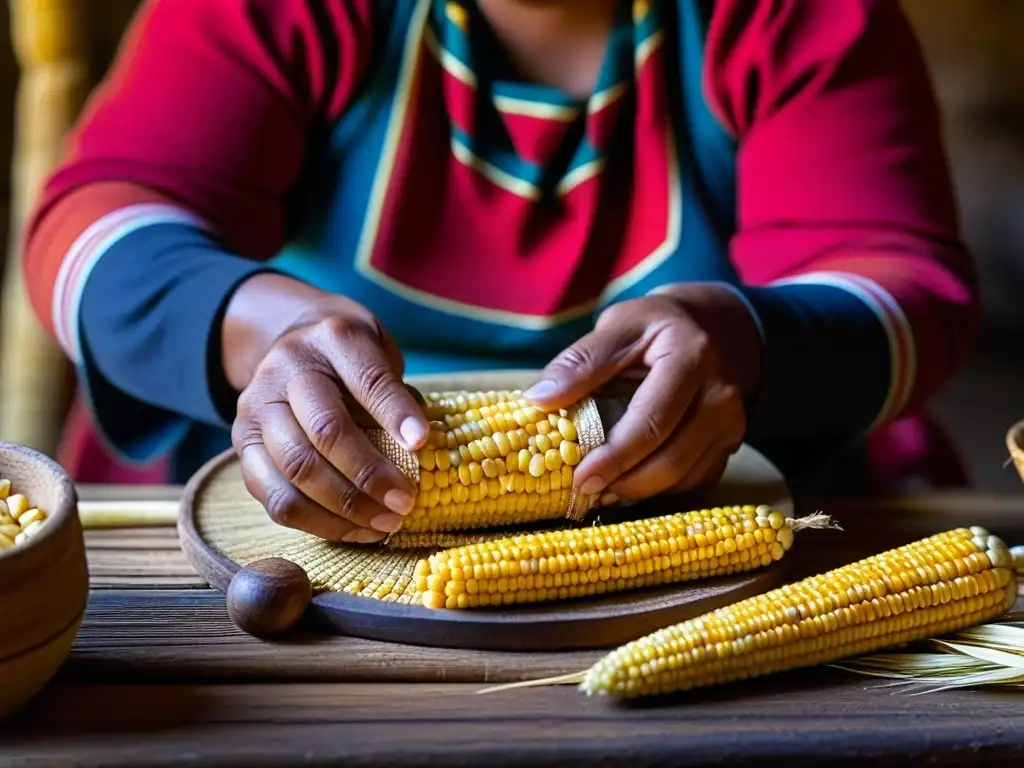 Manos de mujer andina moliendo maíz para chicha, resaltando la tradición y el significado cultural de esta bebida andina