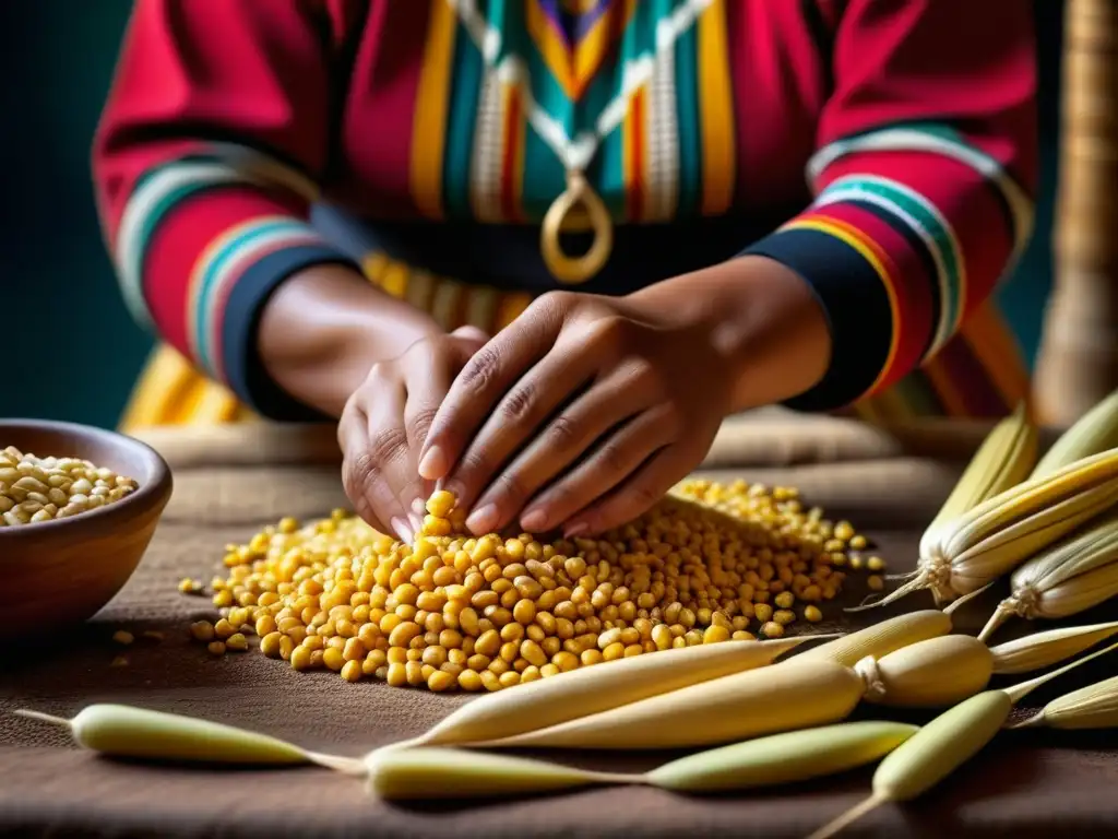 Manos de mujer andina moliendo maíz para chicha, con detalle y significado cultural chicha bebida andina