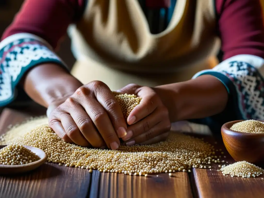 Manos de mujer andina preparando quinua, mostrando la cultura culinaria de los Andes