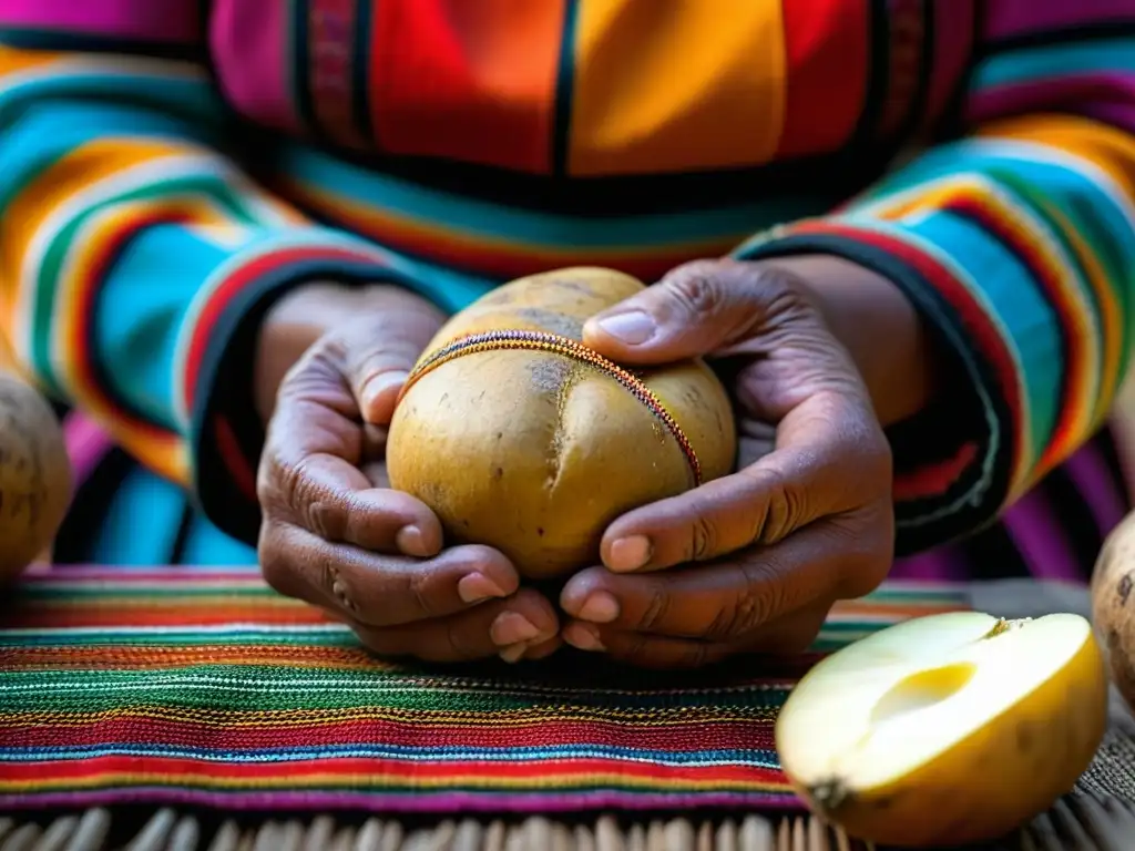 Manos de mujer andina pelando chuño, mostrando recetas históricas de chuño andino