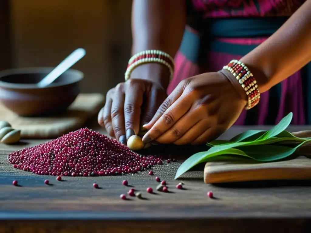 Manos de mujer azteca formando figuras con semillas de amaranto, historia del supergrano amaranto en cocina rústica