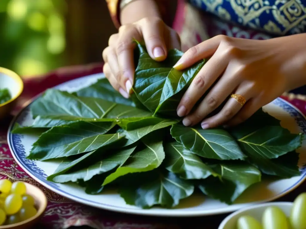 Manos de mujer bizantina experta en cocina, enrollando hojas de uva con relleno, destreza y tradición en cada gesto