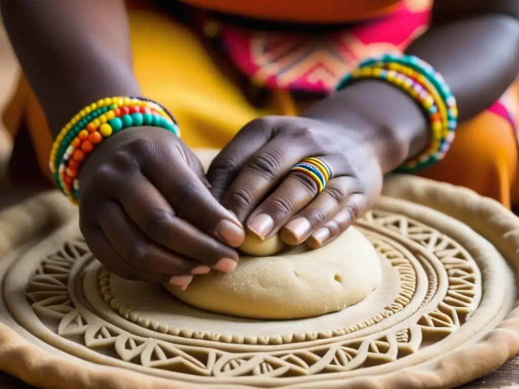 Manos de mujer experta amasando masa africana con patrones tradicionales