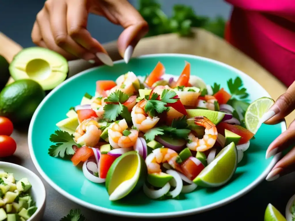 Manos de mujer hispana preparando ceviche, resaltando colores y texturas