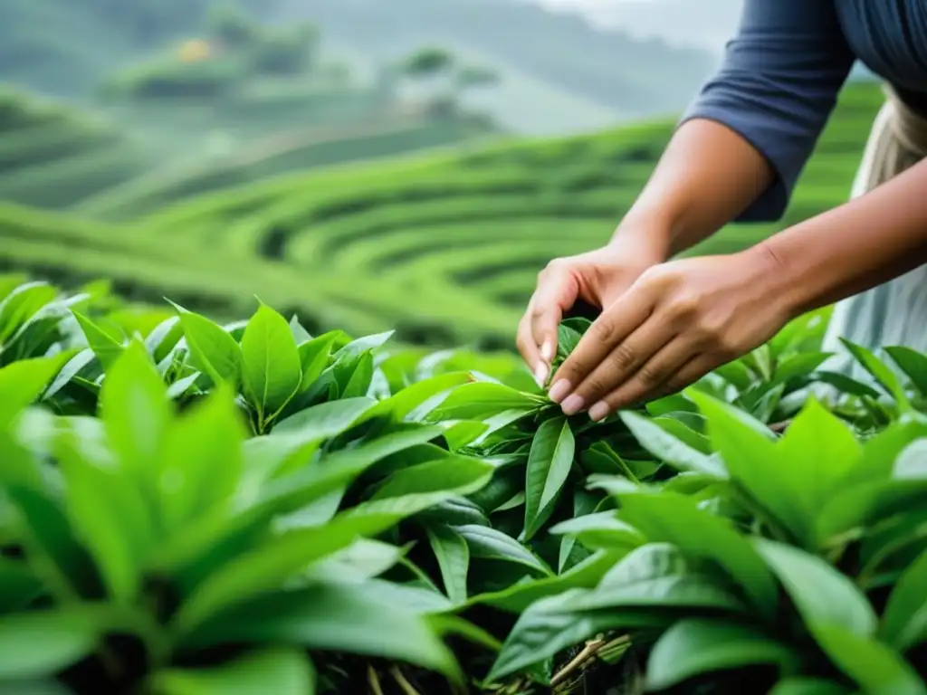 Manos de mujer recogen hojas de té en plantación verde, resaltando labor y destreza