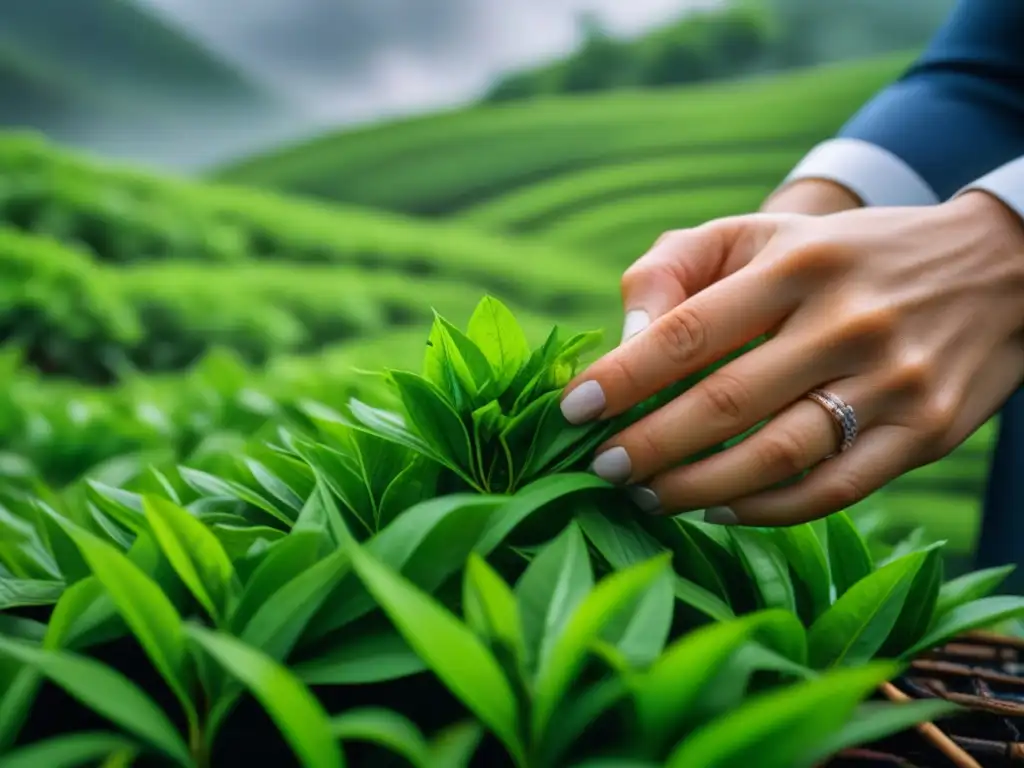 Manos de mujer recolectando hojas de té en plantación verde, resaltando roles olvidados en la historia del té