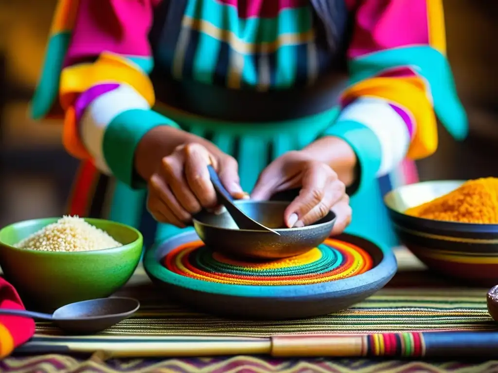 Las manos de una mujer Inca preparando un plato colorido con utensilios antiguos, mostrando su destreza culinaria y herencia cultural