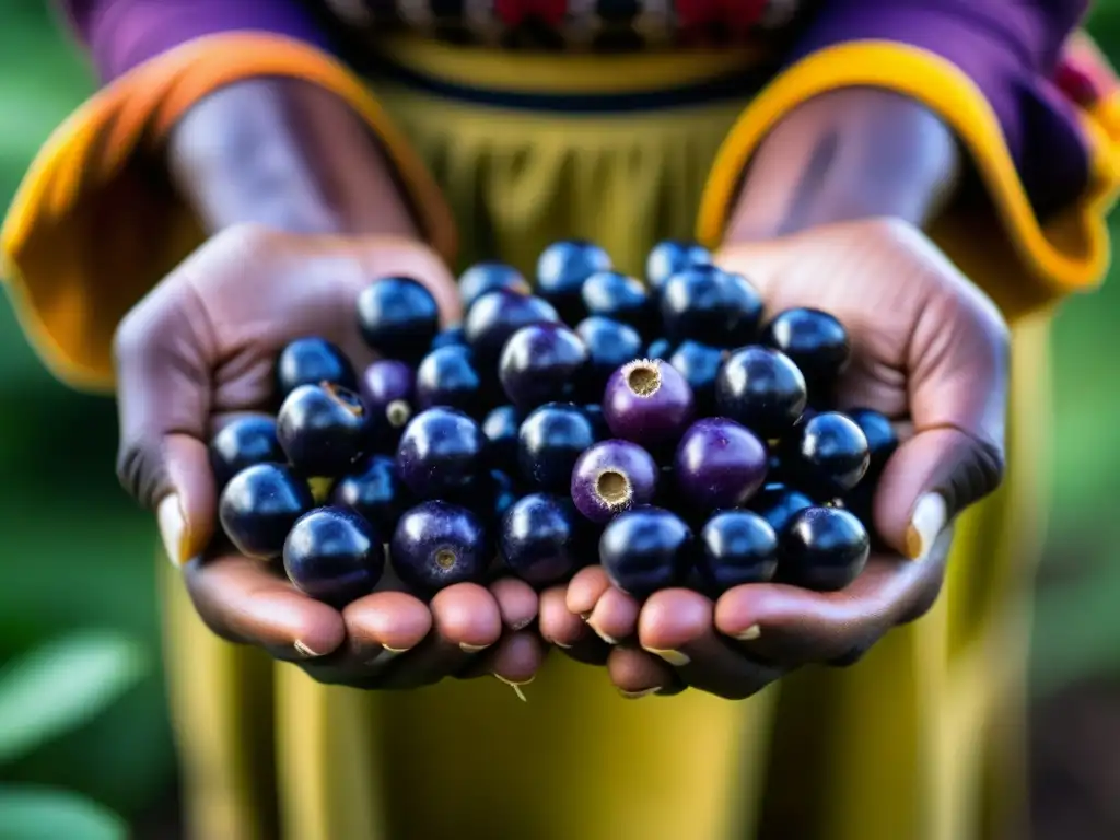 Las manos de una mujer indígena amazónica sostienen bayas de açaí maduras, mostrando conexión cultural y los beneficios del açaí amazónico