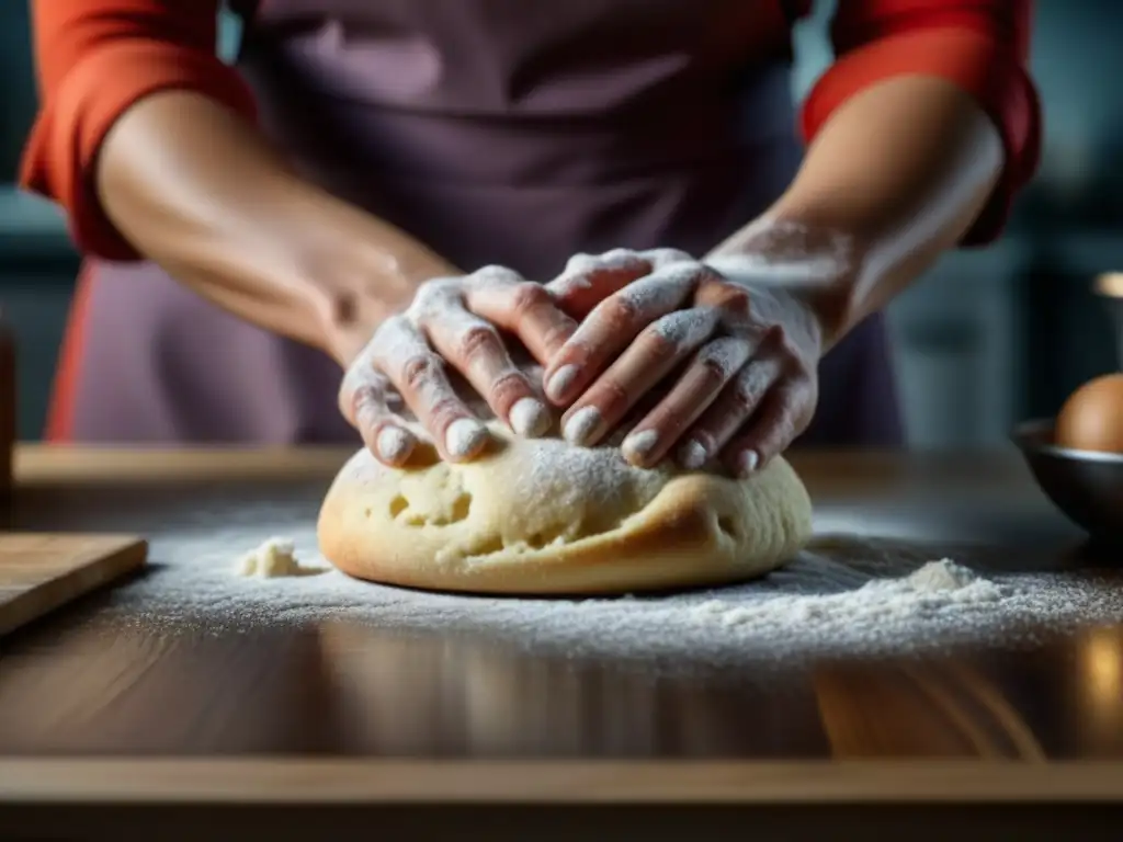 Unas manos de mujer amasando masa en una cocina antigua