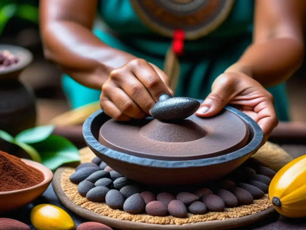 Las manos de una mujer maya preparando una bebida tradicional con cacao en metate