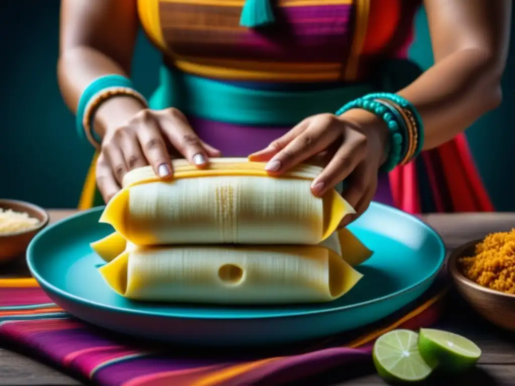 Artesanía maya: manos expertas moldeando un colorido tamal Manos de mujer maya moldeando un colorido tamal, influencia prehispánica en la cocina mexicana contemporánea