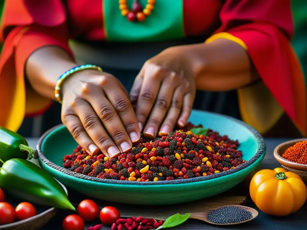 Manos de mujer maya preparando ingredientes coloridos, destacando la tradición culinaria maya y sus beneficios para el sistema inmune