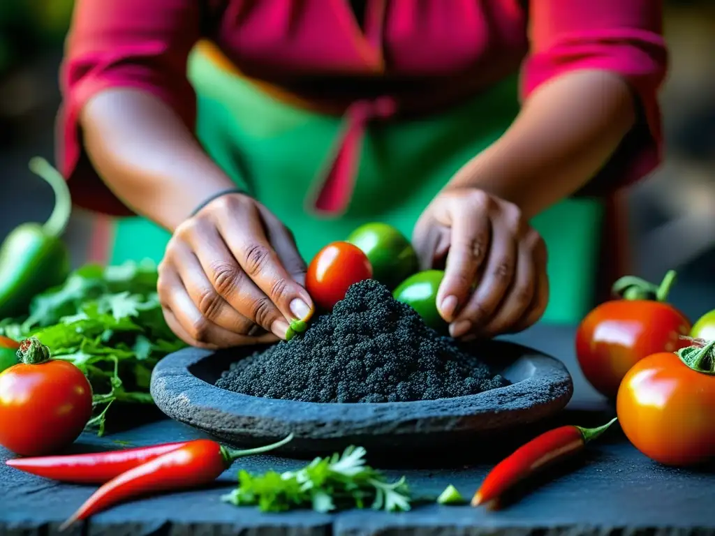 Las manos de una mujer maya preparan ingredientes coloridos, conectando con las prácticas culinarias de los mayas