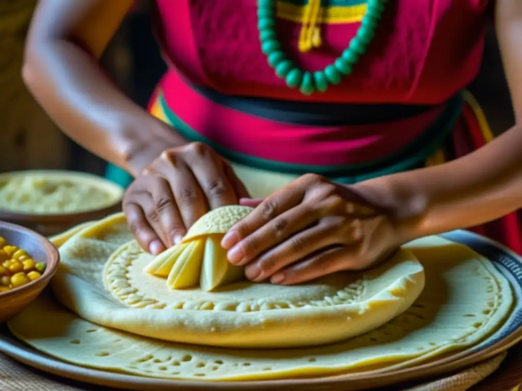 Las manos de una mujer maya moldean expertamente masa de nixtamal, mostrando la importancia nixtamal en alimentación Maya