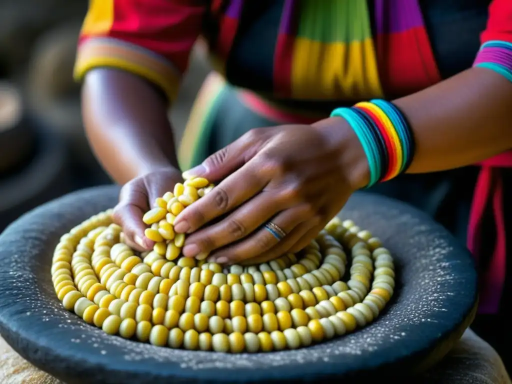 Las manos de una mujer maya muelen maíz en metate resaltando la importancia del nixtamal en la alimentación Maya