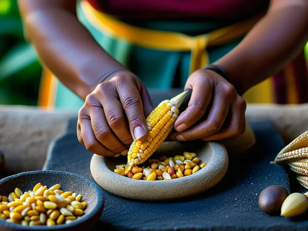 Las manos de una mujer maya moliendo maíz en metate, destacando la importancia nixtamal en alimentación Maya