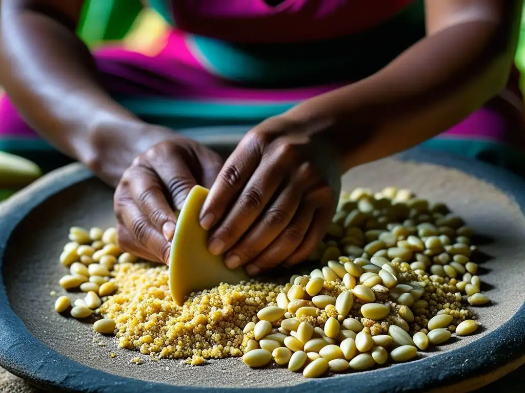 Las manos de una mujer Maya muelen maíz en un metate, mostrando la importancia del nixtamal en la alimentación Maya