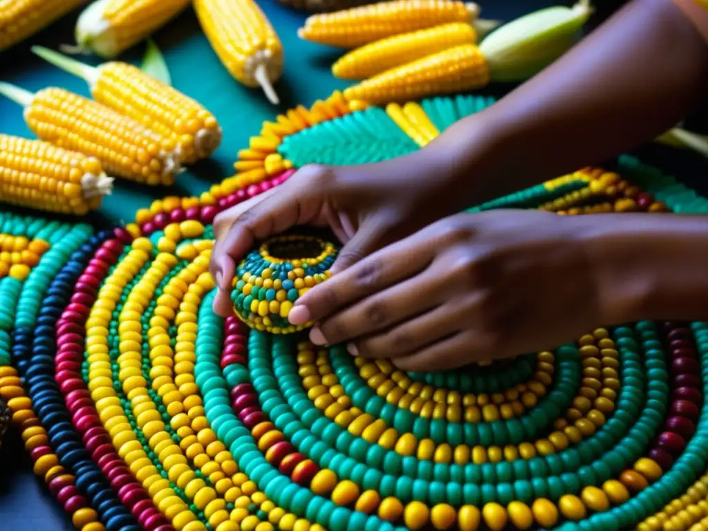 Manos de mujer Maya crean mosaico de maíz, destacando adaptaciones culinarias Mayas, clima y tradiciones