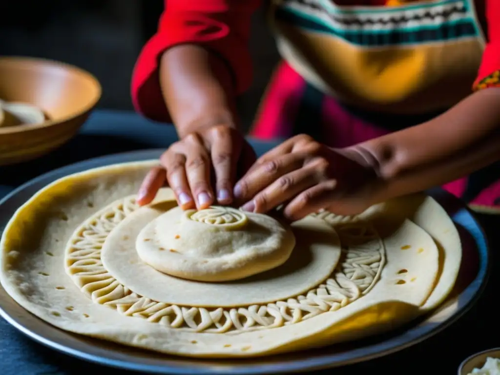 Manos de mujer Maya moldeando tortillas de masa, resaltando la herencia cultural en adaptaciones culinarias Mayas clima