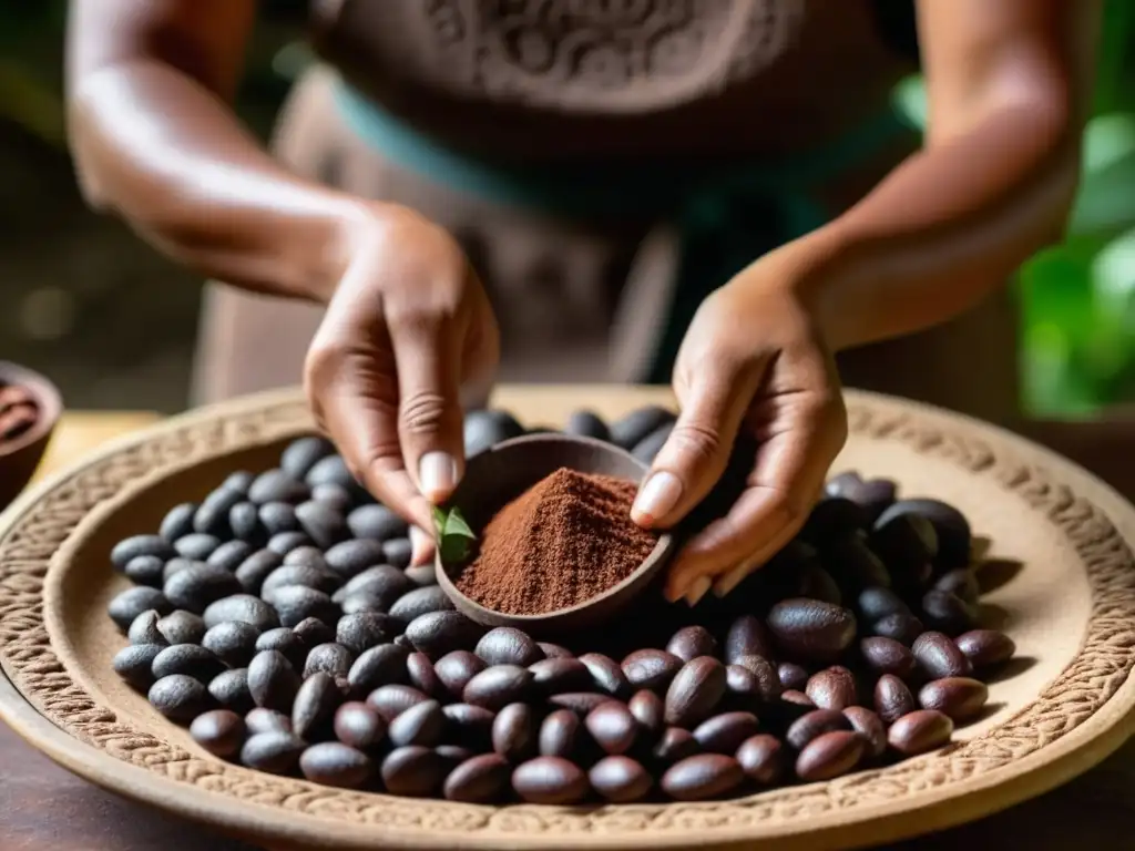 Manos de mujer mesoamericana moliendo cacao en metate y mano, destacando adaptaciones alimenticias en la historia