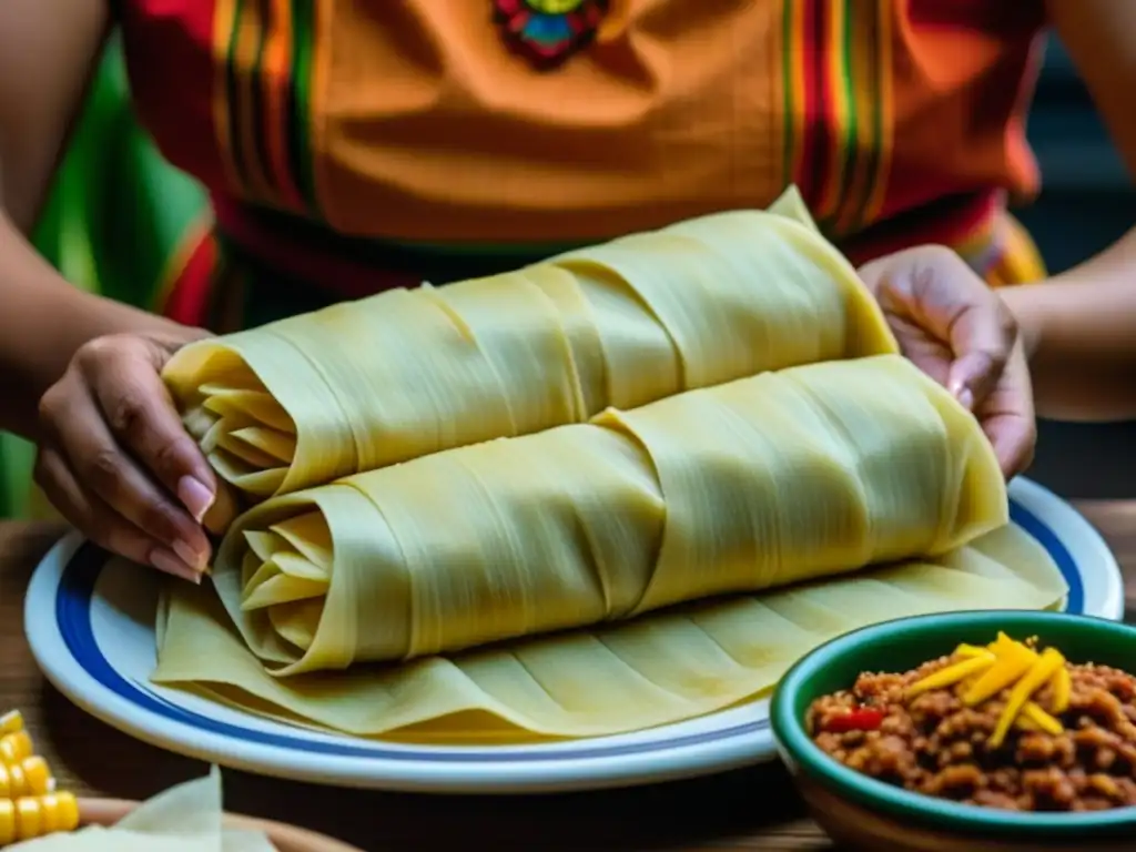 Manos de mujer mexicana ensamblando tamales, resaltando la evolución de los tamales históricos