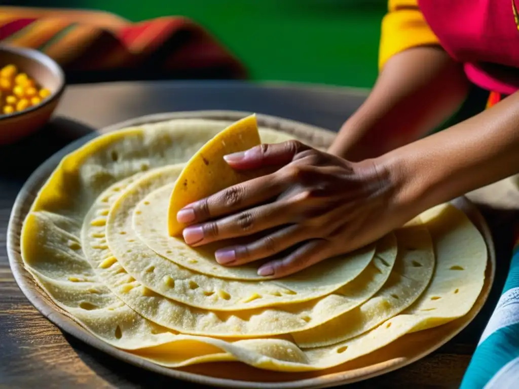 Manos de mujer mexicana moldeando una tortilla de maíz fresca, destacando la importancia cultural del proceso